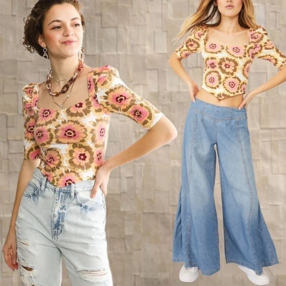 FREE PEOPLE NWT Give Me More Floral 1/2 Sleeve Fitted Open-Strap-Back Crop Top